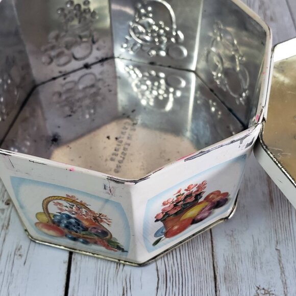 Octagonal Metal Candy Box Tin with Brightly Coloured Fruit Basket Vintage - Picture 6 of 10